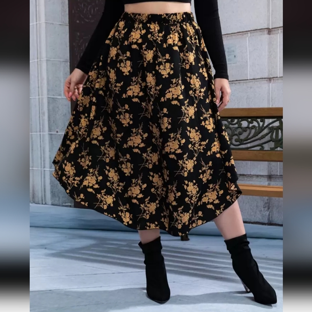 Black and Gold Floral Print Skirt